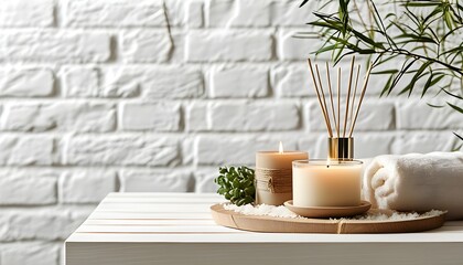 Serene spa product display on a white wooden table against a white brick wall, accented with natural decor and plants, featuring aromatic candles and ample copy space.