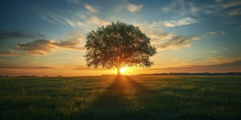 Poster - Lone tree in middle of open field at sunset beautiful sky clouds in background sun is setting behind casting long shadows on branches leaves green grass all around the tree