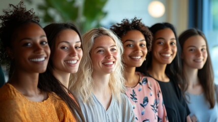 Wall Mural - A group of diverse women stands united, showcasing their vibrant styles and joyful expressions in a contemporary, well-lit environment filled with plants