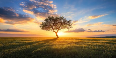 Sticker - Lone tree in middle of open field at sunset beautiful sky clouds in background sun is setting behind casting long shadows on branches leaves green grass all around the tree 