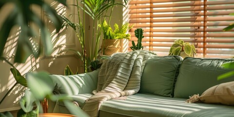 Poster - Close up of a cozy and chic green sofa in a living room with plants and a window featuring wooden blinds