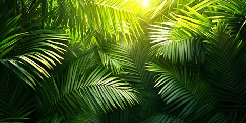 Wall Mural - A close-up of vibrant green palm leaves illuminated by sunlight, creating a lush and tropical backdrop 