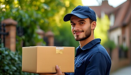 Efficient delivery man presenting parcel to customer, embodying the essence of modern shipping and online shopping convenience