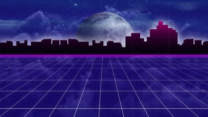 Canvas Print - Animation of digital city over moon and dark clouds