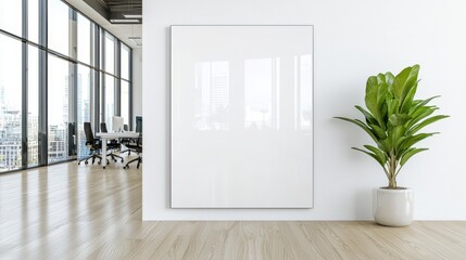 Poster - White Wall with Blank Canvas Mockup in Minimalist Modern Office Interior