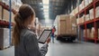 © Elmira - A female manager uses a tablet to oversee logistics operations in a busy warehouse, monitoring the loading of goods and ensuring efficient workflows