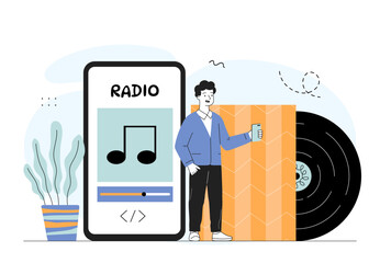 Man with online radio. Young guy with smartphone near gramophone record. Broadcasting and podcast, on air show. Person with favorite songs and playlists. Linear vector illustration