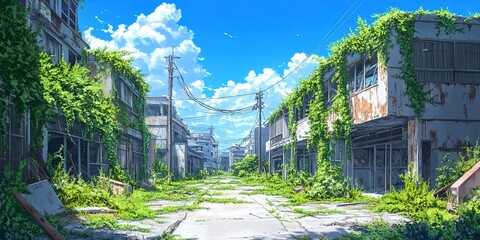 Abandoned urban landscape featuring a deserted street overgrown with lush greenery and vines creeping up buildings under a vibrant blue cloudless sunny sky.