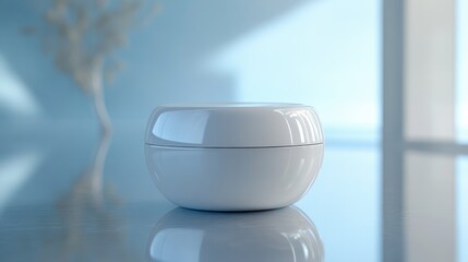 Close-up of a cream jar with glossy texture, no logo, clear focal point on the container, no people, soft background.