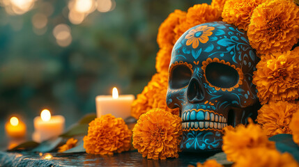 Day of the Dead Sugar Skull: A beautifully painted sugar skull surrounded by marigolds, with candles glowing in the background, creating a captivating and colorful scene for Dia de los Muertos.