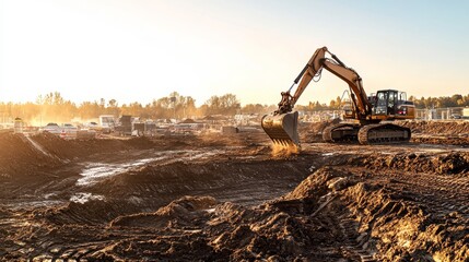 The powerful excavator digs vigorously into the ground at a bustling construction site during sunset, highlighting the dynamic process of earthmoving and site preparation