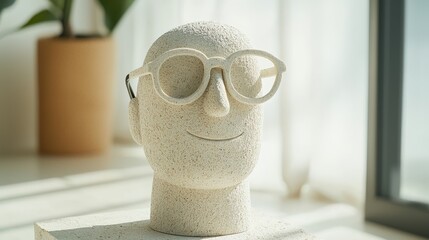 Poster - Stone Sculpture of a Face with Round Glasses