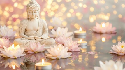 Poster - Buddha Statue with Lotus Flowers and Candles in Water