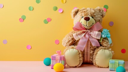 A brown teddy bear with a pink bow sits in front of a yellow background with confetti and presents.