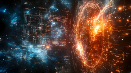 Wall Mural - A cosmic scene depicting vibrant galaxies and abstract digital elements.