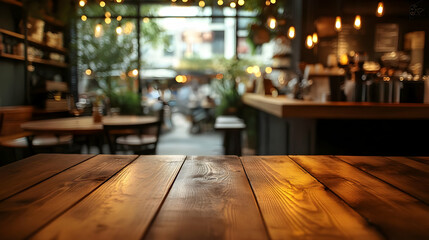 Poster - A cozy café interior with warm lighting and wooden tables inviting relaxation.