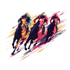 Dynamic horse racing scene showcasing jockeys in action with vibrant colors and energy, capturing the thrill of the race.