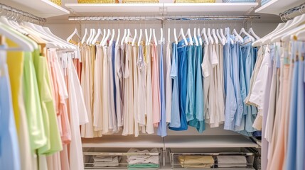 Organized Closet with Clothes on Hangers and Foldable Boxes