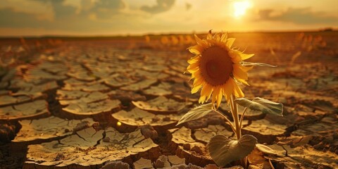 Wall Mural - Drought conditions affecting sunflower crop in dry field with cracked soil and environmental disaster impact