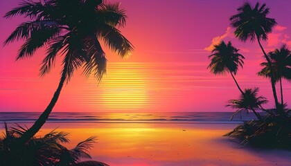 Neon Tropical Sunset with Palm Trees in Retrowave Style for Summer Vacation, Embracing Vaporwave Aesthetics in Retro Futurism Design