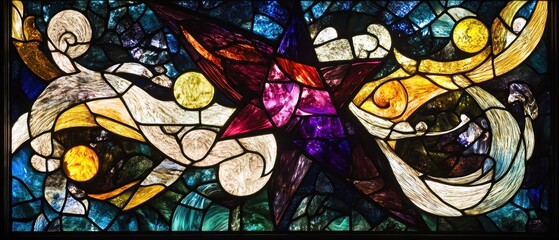  Abstract Stained Glass Window with a Star and Swirling Patterns