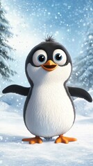 Cute cartoon penguin in a snowy forest, adorable animal character. Winter wonderland and children's animation concept