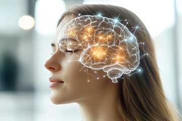 Wall Mural - Cognitive neuroscience cognitive flexibility and cortical dynamics profile of woman with glowing neural connections symbolizing creativity and cognitive processing power