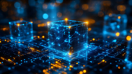 Poster - A digital representation of interconnected cubes with glowing lines, symbolizing data and technology.