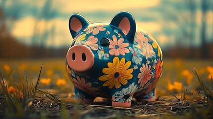 Floral decorated piggy bank in a field at sunset