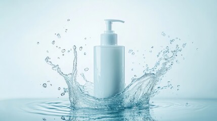 Wall Mural - Single foam cleanser packaging with clear water splash, evoking a sense of refreshment, no logo, focal point on the cleanser, no people.