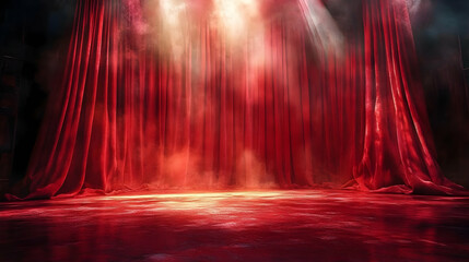 Wall Mural - A dramatic stage with red curtains and atmospheric lighting, ready for a performance.