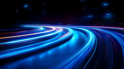 A dynamic display of blue and orange light trails on a dark surface, suggesting movement.