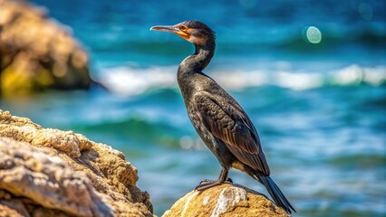 Wall Mural - Socotra cormorant perched on limestone rock against backdrop of water