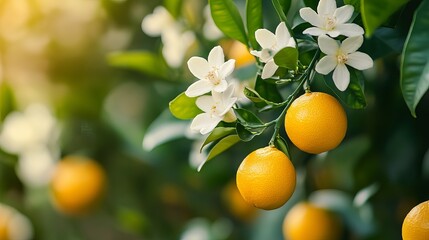 Wall Mural - Orange trees with large yellow fruits and white flowers in the spring in Brazil. Beautiful green navel orange trees, offering healthy, nutritious food.