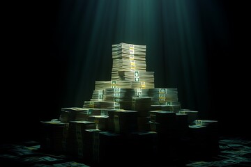 Wall Mural - Large stacks of cash illuminated under a spotlight in darkness