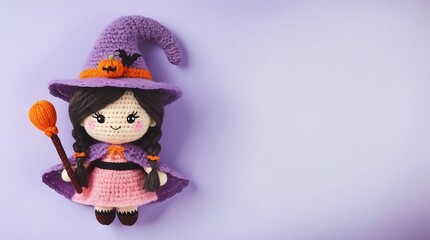 Poster - Adorable Crochet Witch Doll on purple Background - Halloween Decoration	