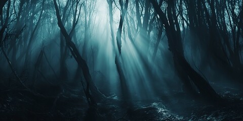 Wall Mural - A spooky forest with twisted trees and sunlight filtering through the fog, creating a mysterious and unsettling Halloween ambiance, eerie woods, banner, with copy space