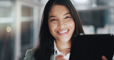 Poster - Office, businesswoman and portrait with tablet for research, company info and productivity with technology. Boardroom, employee and web designer with digital for online page, software and scroll