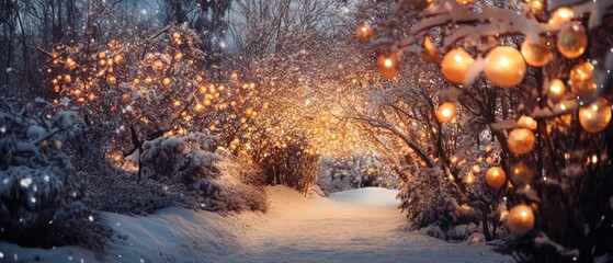 Wall Mural - Snowy Path Illuminated by Golden Lights in a Winter Forest