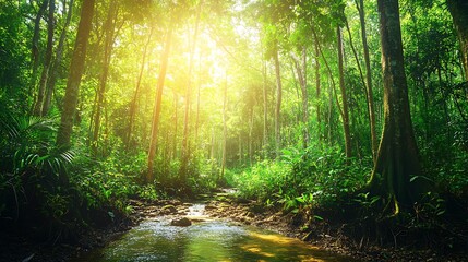 Wall Mural - Sunlit Stream Flowing Through a Dense Green Forest