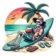 Wall Mural - A skeleton lounging on a surfboard stuck in the sand, wearing flip-flops and a Hawaiian shirt, with a palm tree and sunset in the background t-shirt design vector art illustration image.
