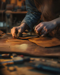 Old carpenter cutting wood with a knife at a wooden table