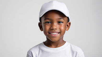 Little black boy wearing white t-shirt and white baseball cap isolated on grey background