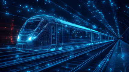 A futuristic digital representation of a train in a tunnel, showcasing technology and speed.