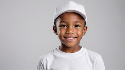 Little black boy wearing white t-shirt and white baseball cap isolated on grey background