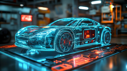 Poster - A futuristic holographic model of a car displayed in a tech workshop.