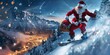 © Maftuh - Santa Claus comes down from the mountain to the city using a snowboard carrying a sack of gifts to distribute, celebrating Christmas.