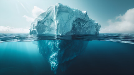 Iceberg Half-Submerged: A majestic iceberg, partially submerged in the turquoise ocean, reveals its hidden depths. The sun illuminates the ice, creating a mesmerizing contrast between the white and bl