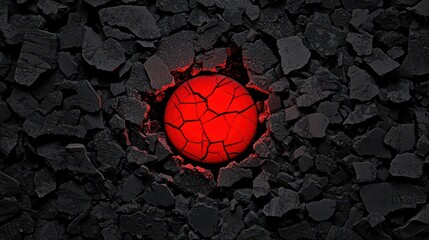 Canvas Print - Cracked Red Sphere in Broken Black Stone Texture