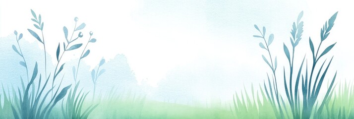 Abstract summer landscape watercolor background with blue sky and green field